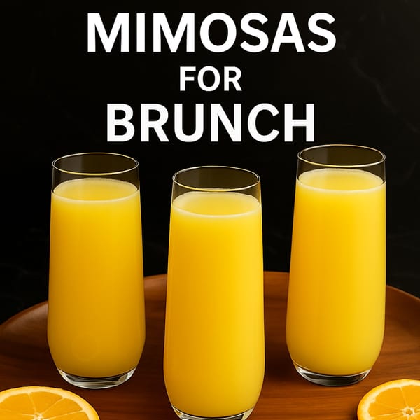 Three glasses of mimosa on a wooden tray with orange slices, advertising "MIMOSAS FOR BRUNCH".