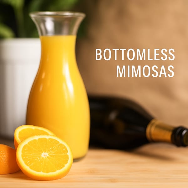 A carafe of orange juice, sliced oranges, and a champagne bottle on a wooden table.