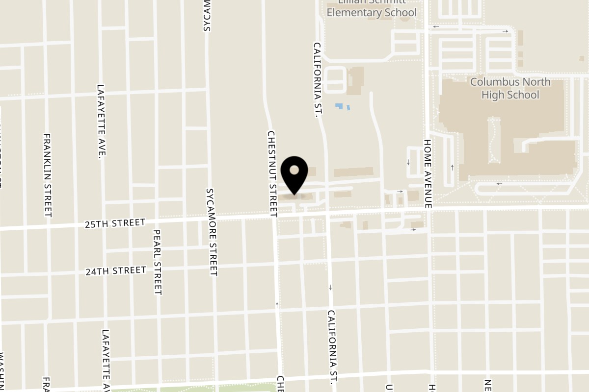 Map showing the location of Le Fernández Café on 908 25th St in Columbus